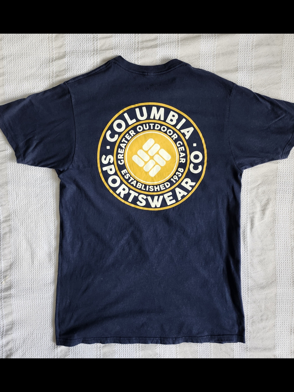 Columbia Men's Navy Short Sleeve Logo Tee with Yellow Emblem Medium
